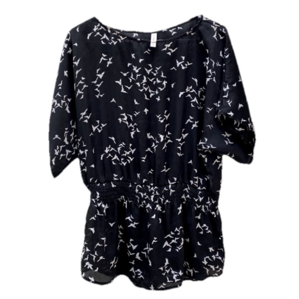 XHILARATION | Dolman Sleeve Smocked Waist Pullover Bird Sheer Peplum Blouse Med